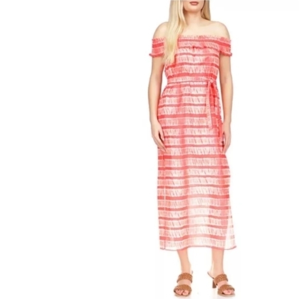 Michael Kors Women's Sangria Coral Cotton Shibori Stripe Off Shoulder Sun‎ Dress